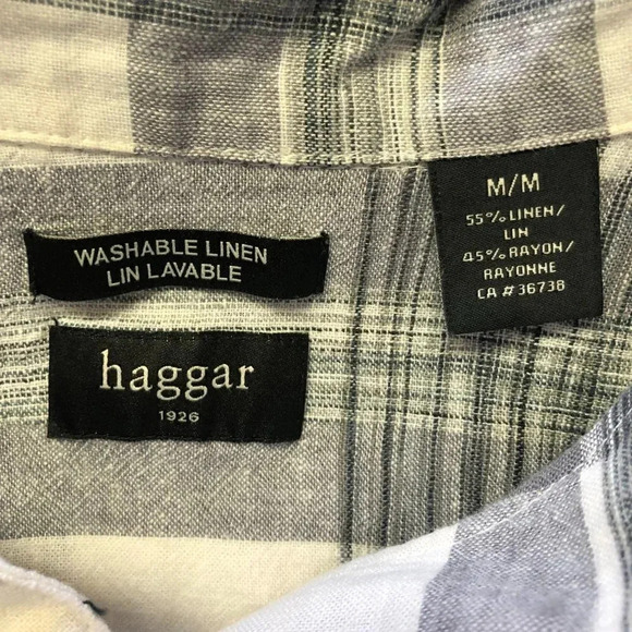 Haggar Men's Linen Plaid Grey & White Short Sleeve Button Down Shirt Size M - Picture 3 of 9